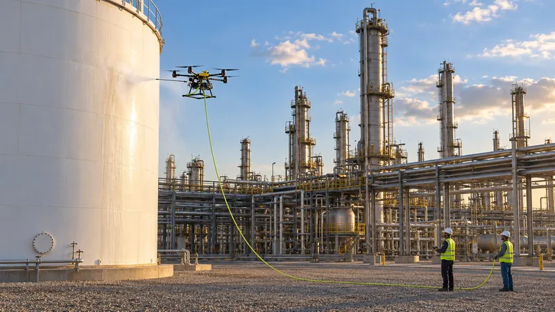 Drone washing a storage tank at an industrial plant