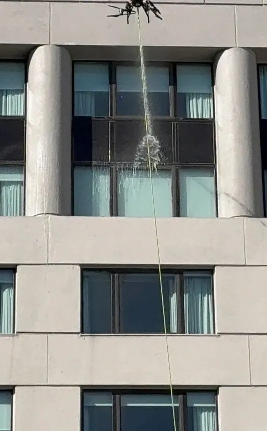 Drone cleaning windows at the San Francisco Airport Marriott Waterfront