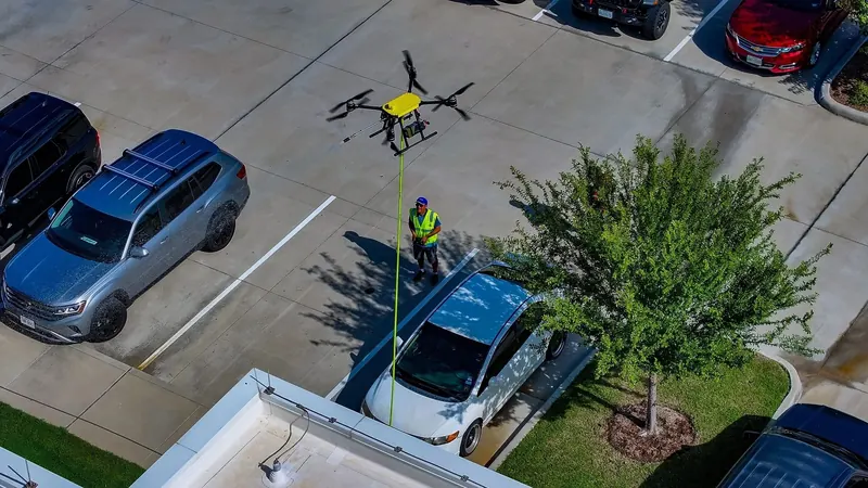 A FlyWash pilot in a parking lot, seen from the drone above him