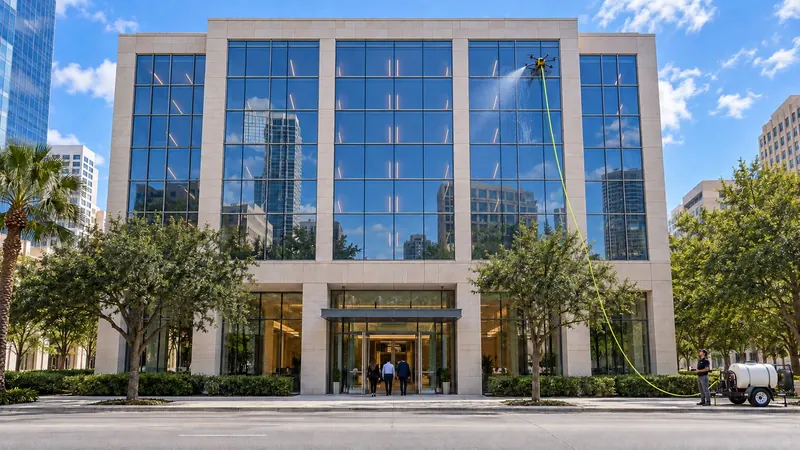A hotel entrance open to guests while a tethered drone washes the upper floors