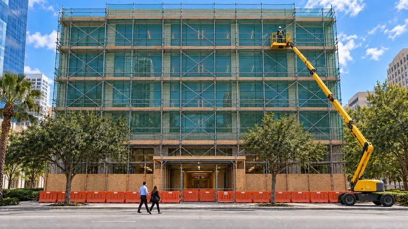 The same hotel wrapped in scaffolding with its entrance blocked